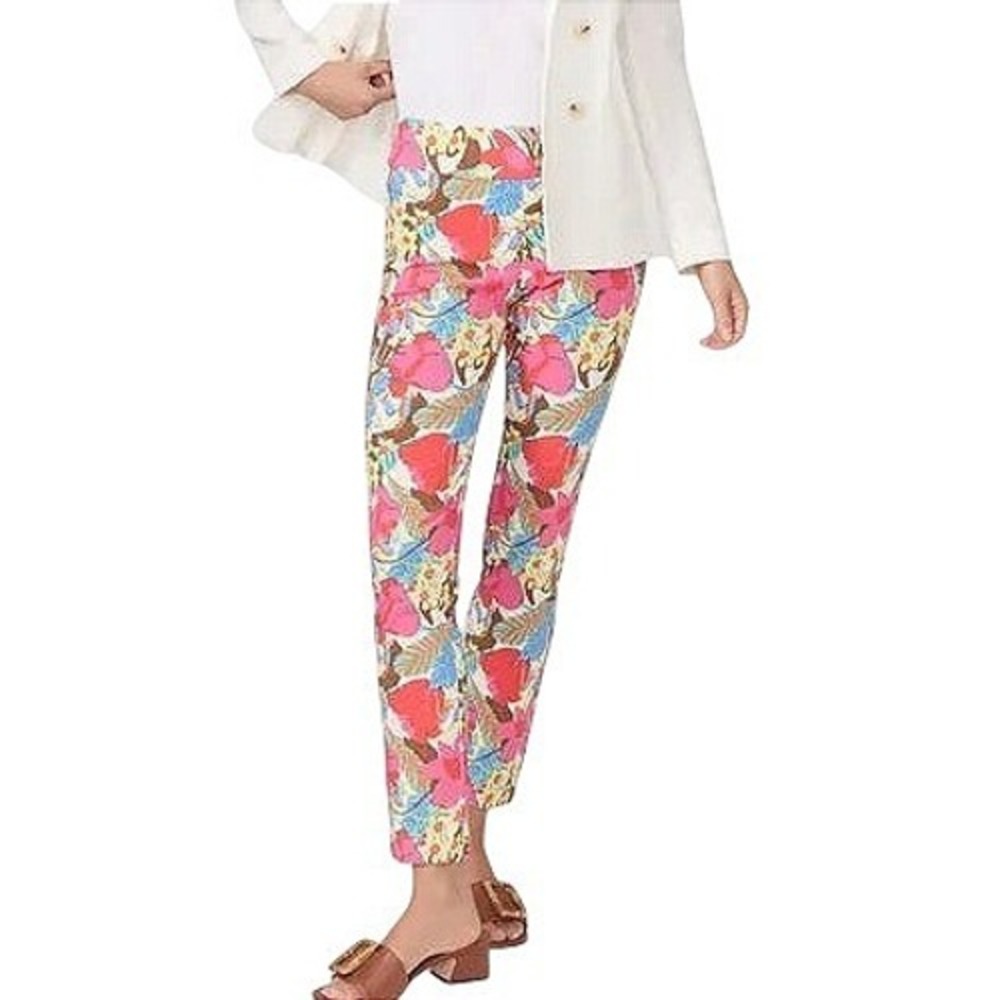 J. McLaughlin Maisie Pant Floral Print Stretch Straight Leg Preppy Pink Size 10‎